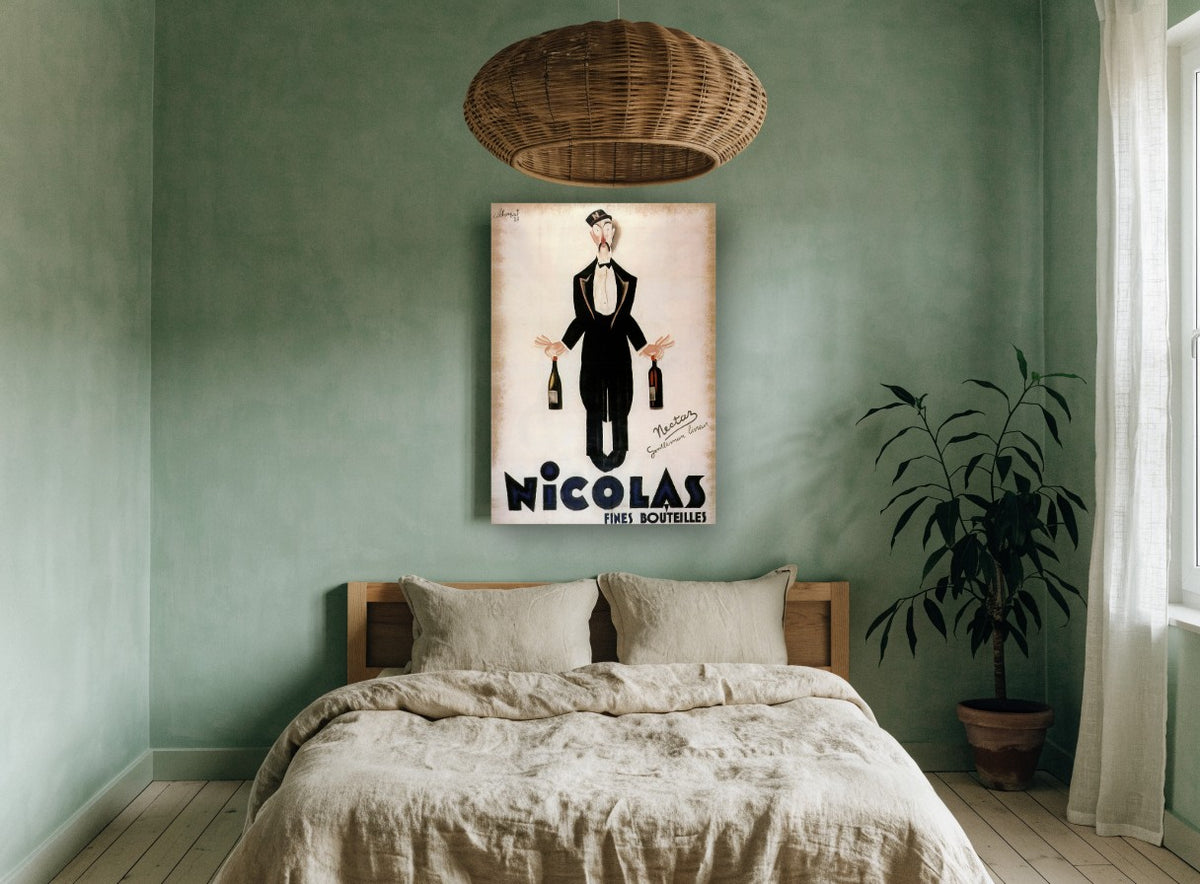 Nicolas Wine Waiter vintage canvas print on the wall of a bedroom