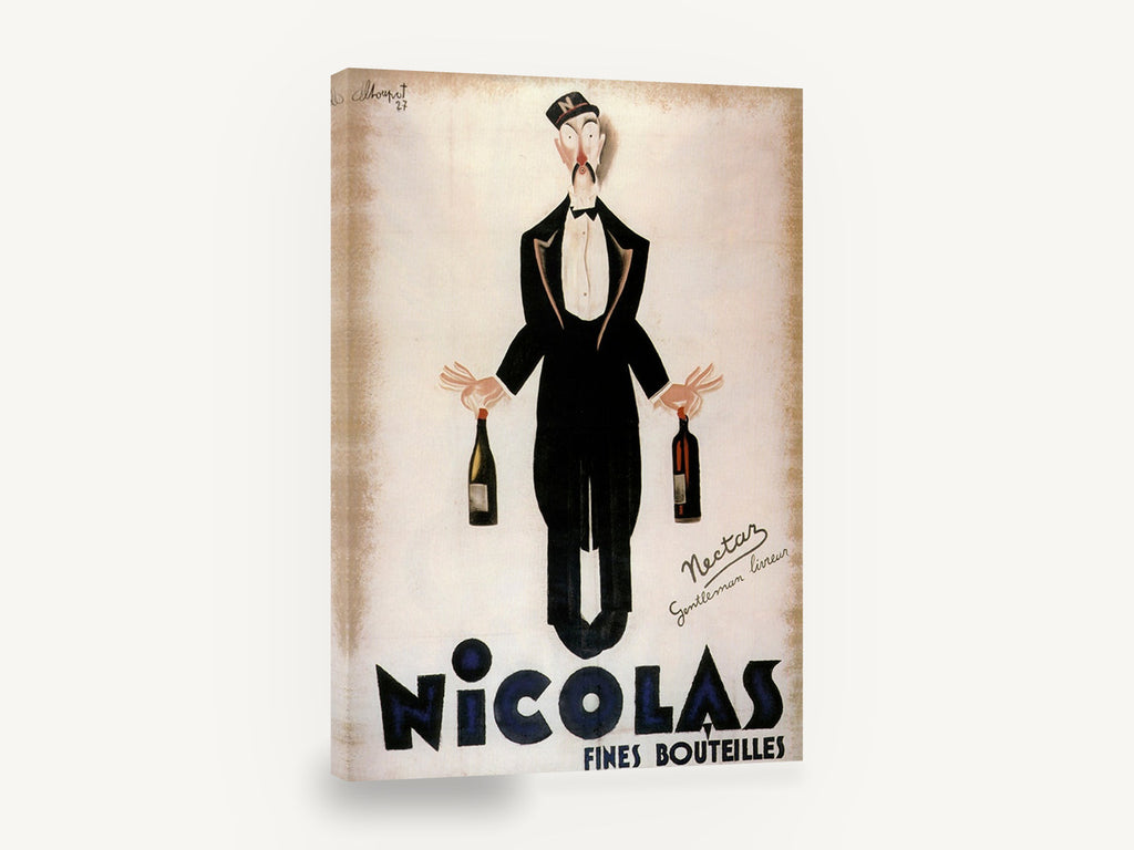 Nicolas Wine Waiter, vintage nicolas fines bouteilles advertising poster, stretched canvas wall art print ready to hang