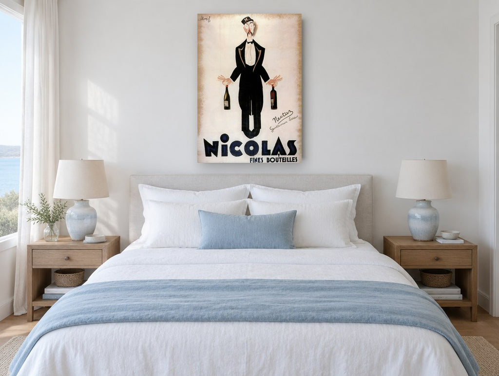 Nicolas Wine Waiter vintage canvas print on the wall of a coastal bedroom