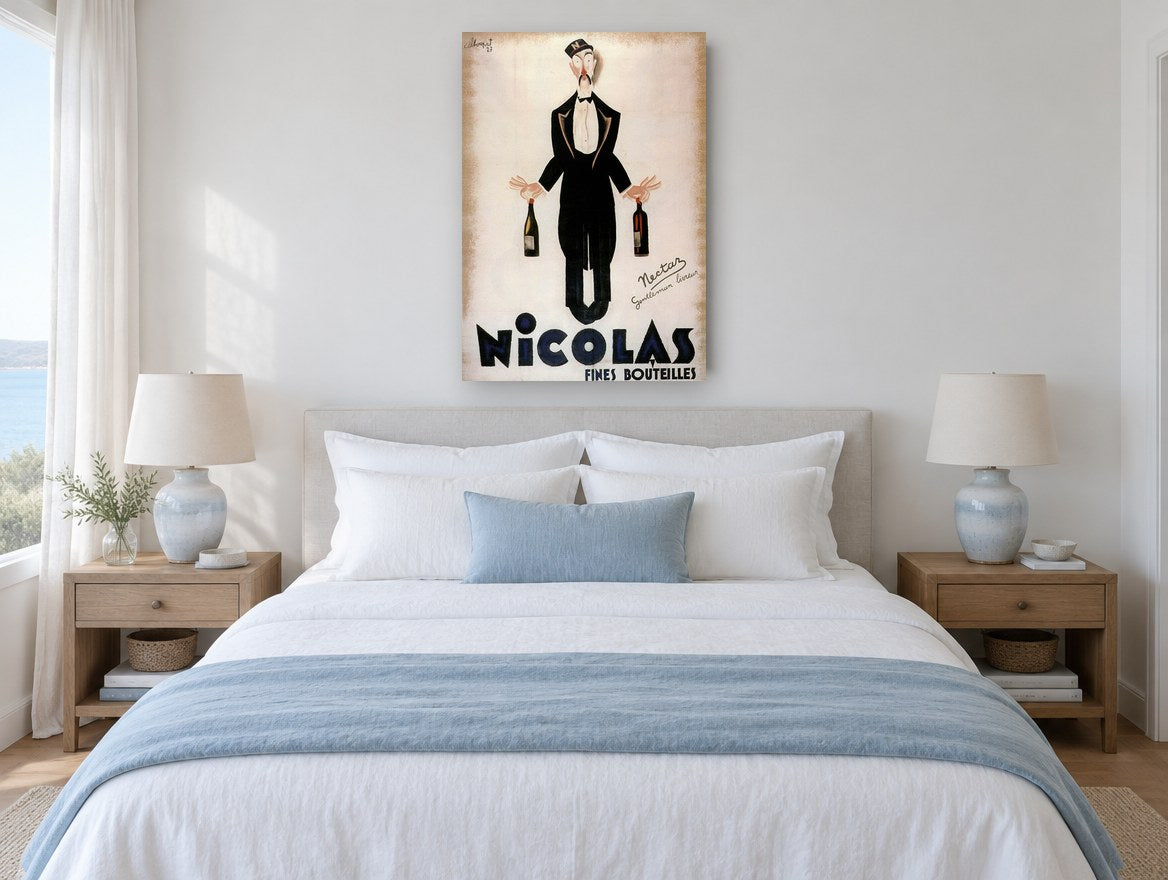 Nicolas Wine Waiter vintage canvas print on the wall of a coastal bedroom