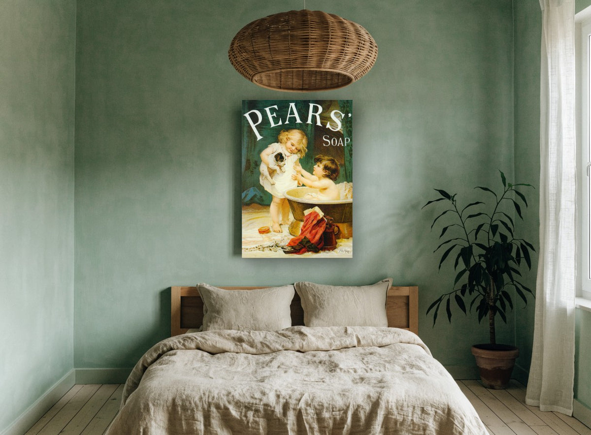 Puppy Bath Time vintage canvas print on the wall of a bedroom