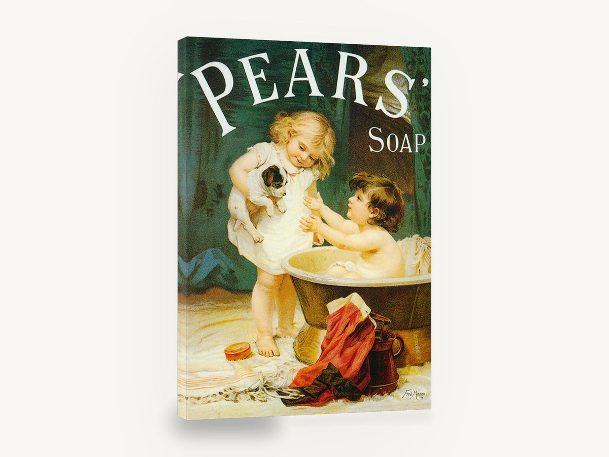 Puppy Bath Time, vintage pears' soap advertising poster, stretched canvas wall art print ready to hang