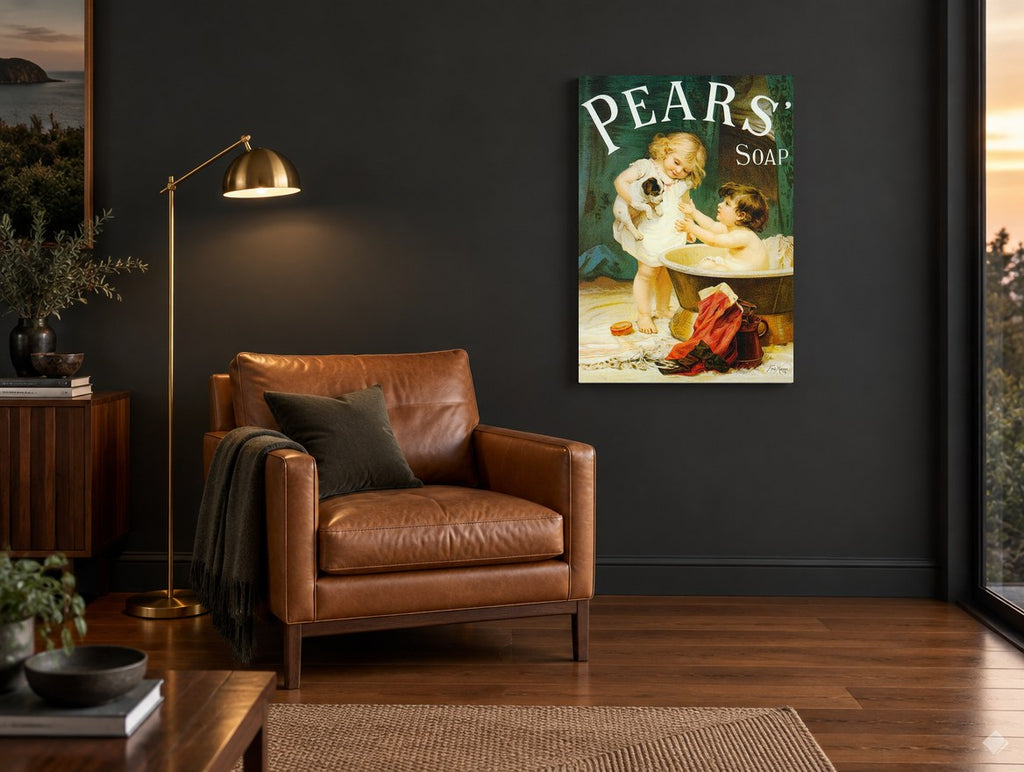Puppy Bath Time vintage canvas print on the wall of a charcoal living room