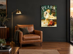 Puppy Bath Time vintage canvas print on the wall of a charcoal living room