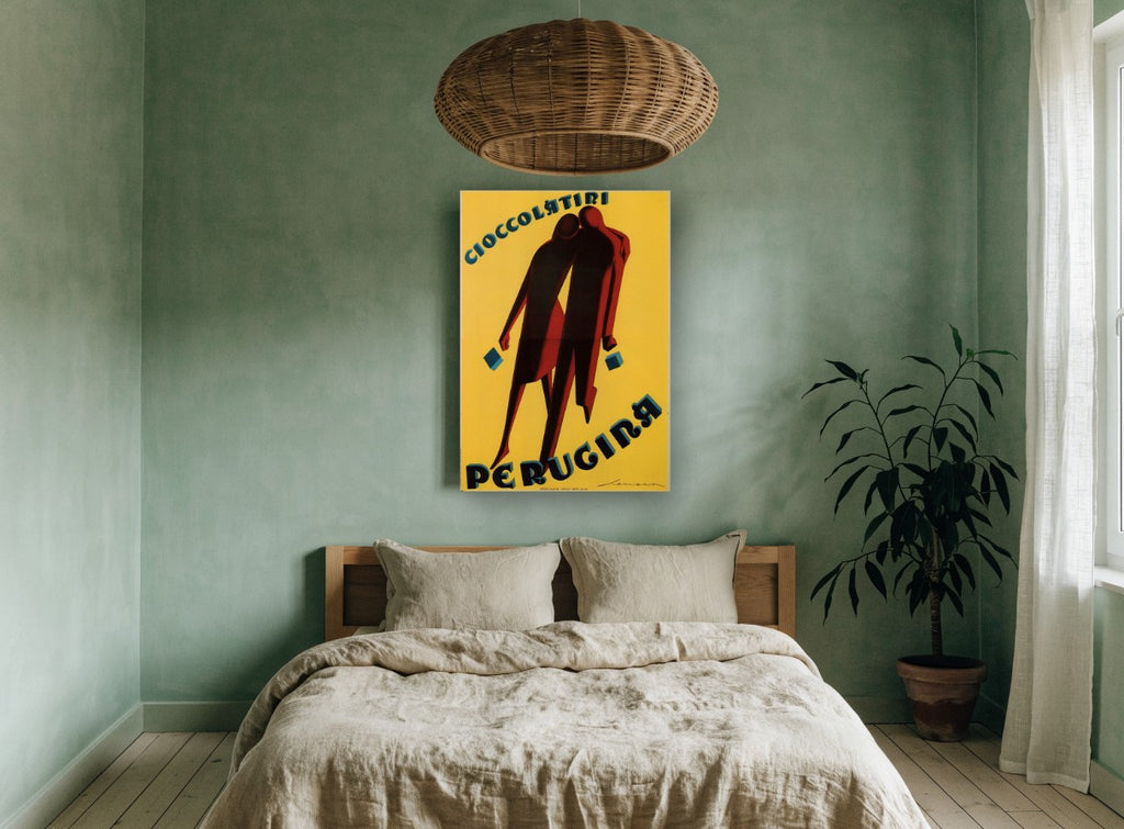 Perugina Chocolate Couple vintage canvas print on the wall of a bedroom