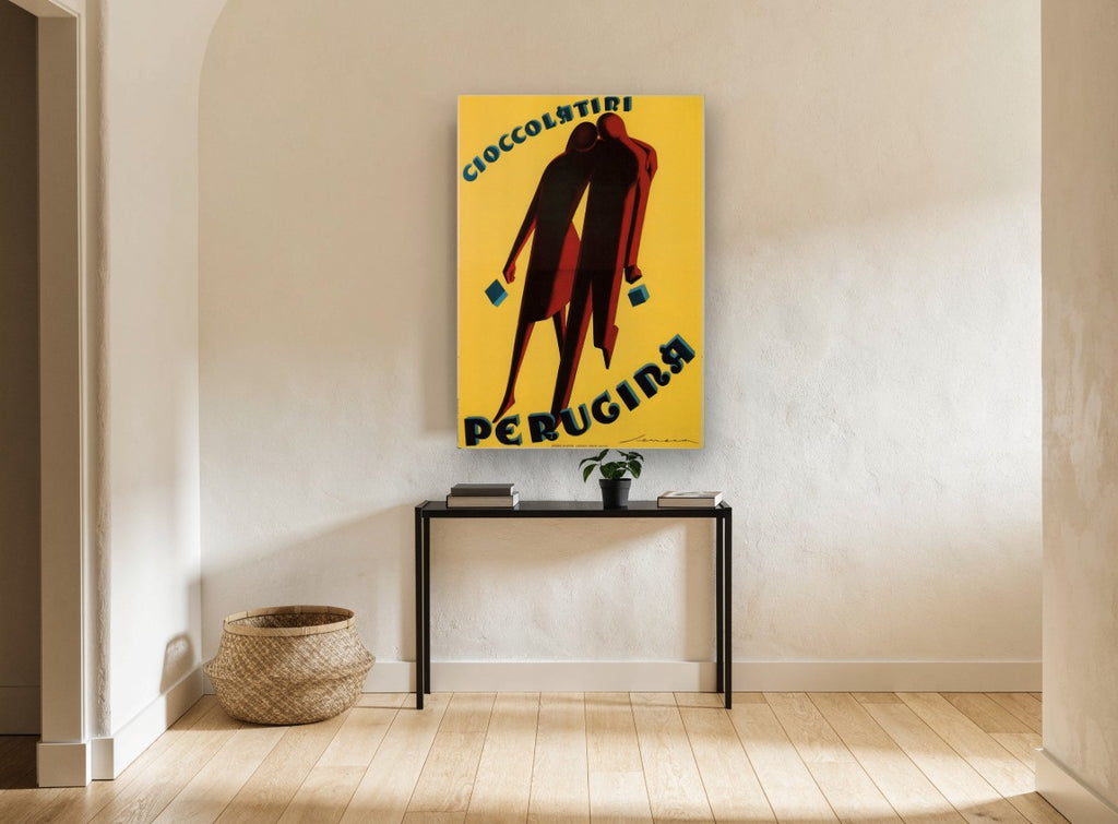 Perugina Chocolate Couple vintage canvas print on the wall of a hallway