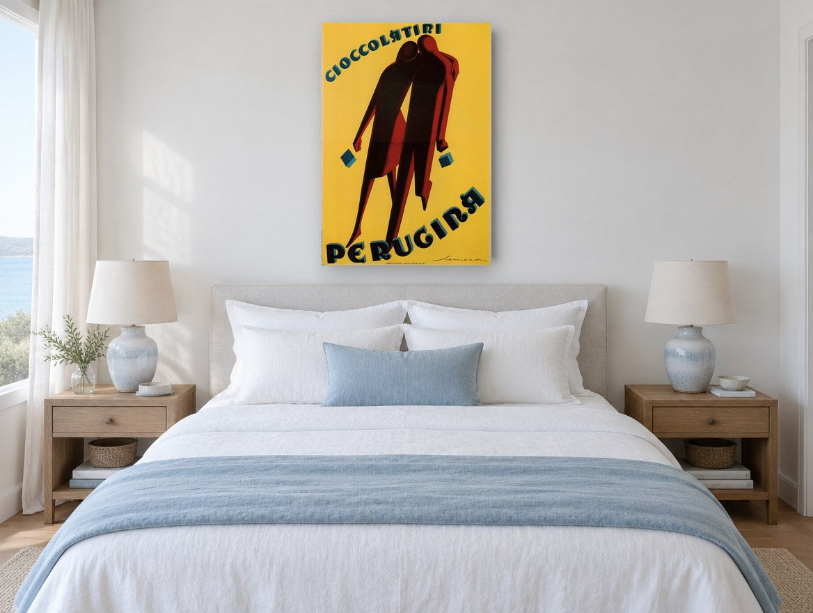 Perugina Chocolate Couple vintage canvas print on the wall of a coastal bedroom