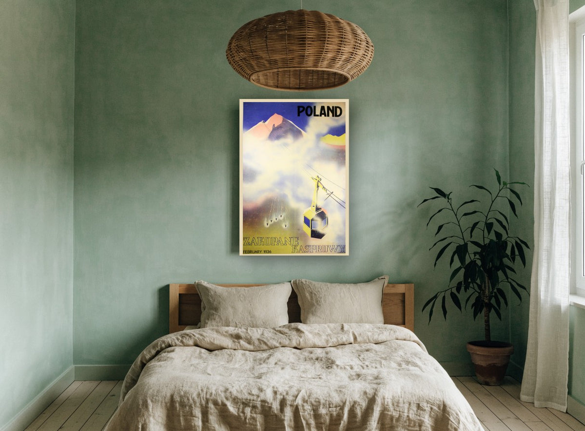 Kasprowy Cable Car Skiers vintage canvas print on the wall of a bedroom