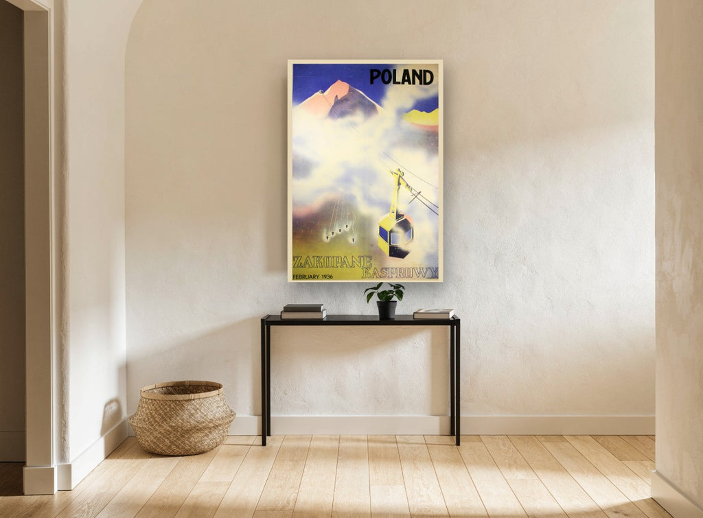 Kasprowy Cable Car Skiers vintage canvas print on the wall of a hallway