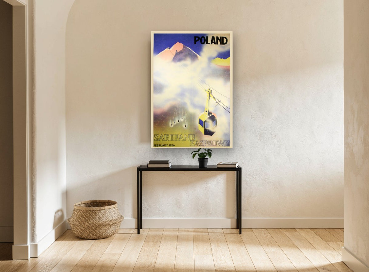 Kasprowy Cable Car Skiers vintage canvas print on the wall of a hallway