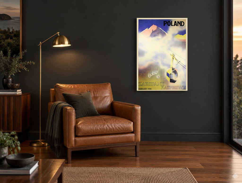 Kasprowy Cable Car Skiers vintage canvas print on the wall of a charcoal living room