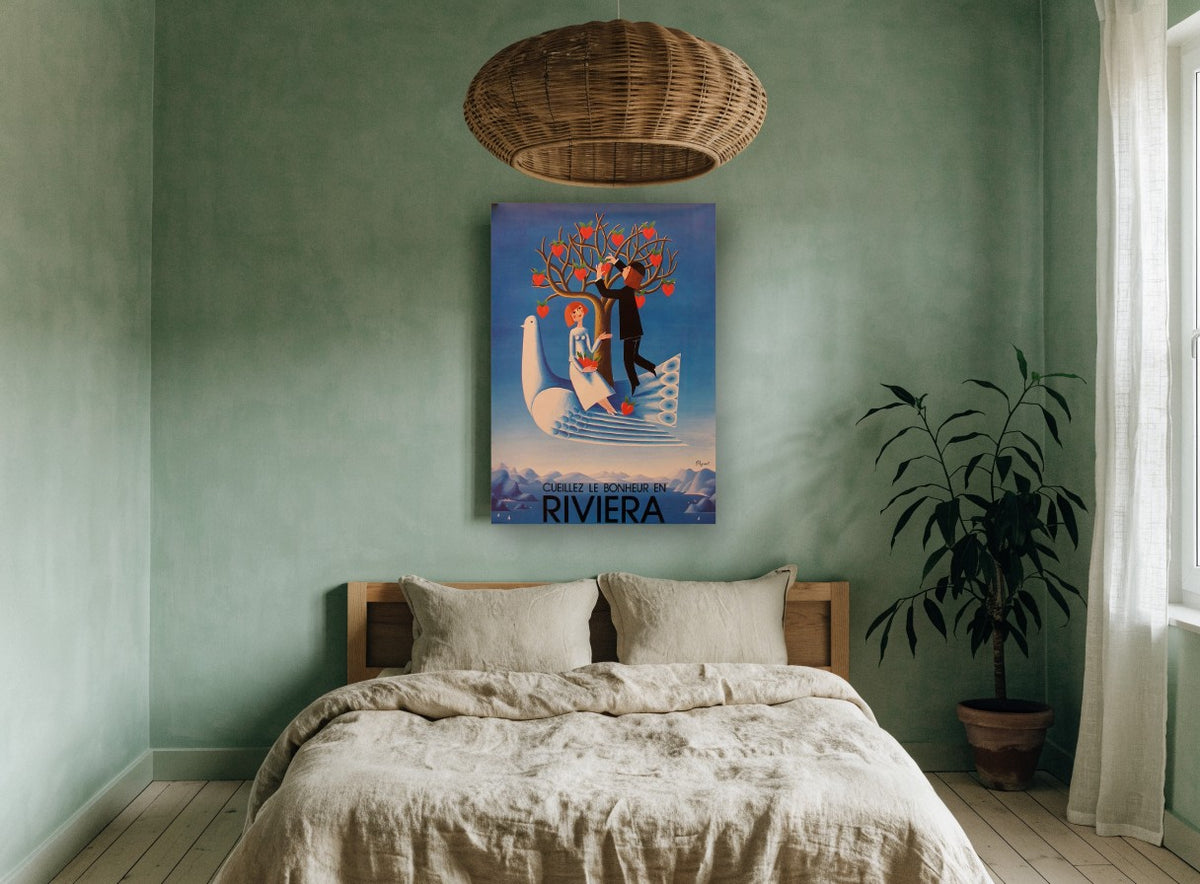 Picking Happiness on Riviera vintage canvas print on the wall of a bedroom