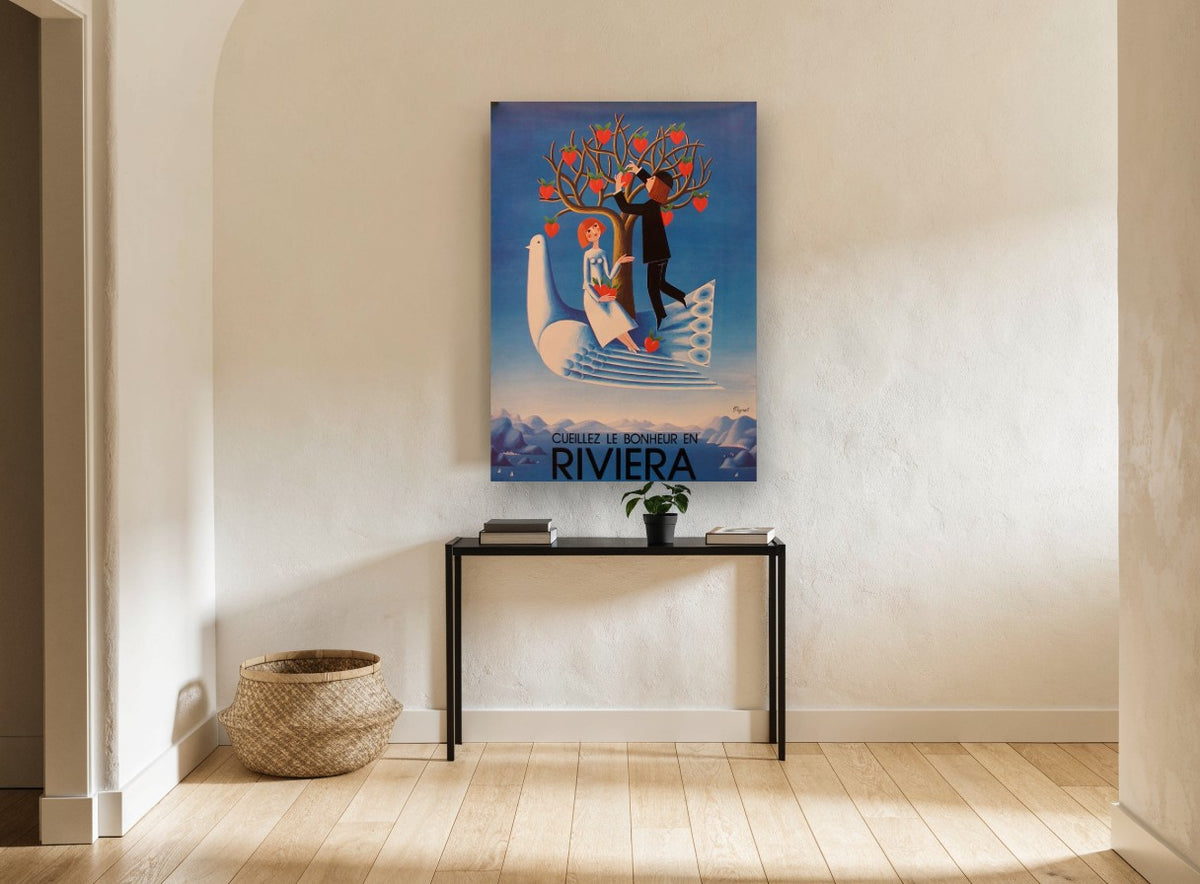 Picking Happiness on Riviera vintage canvas print on the wall of a hallway