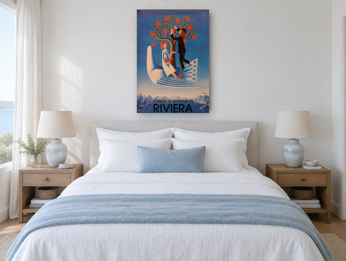 Picking Happiness on Riviera vintage canvas print on the wall of a coastal bedroom