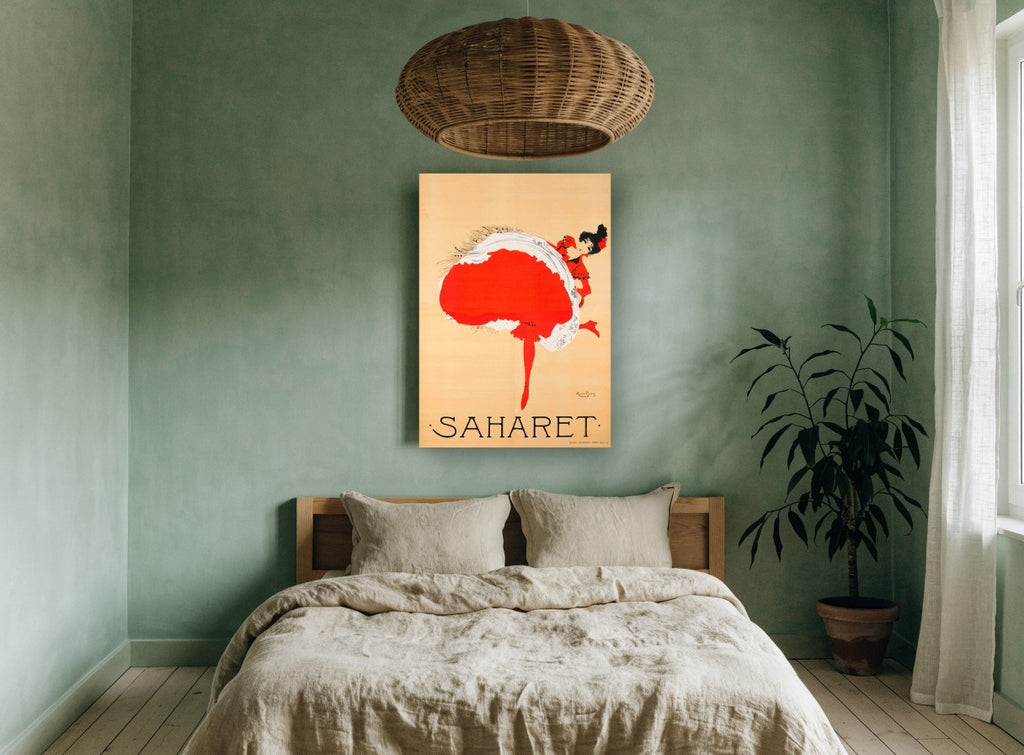 Saharet Red Skirt Dancer vintage canvas print on the wall of a bedroom
