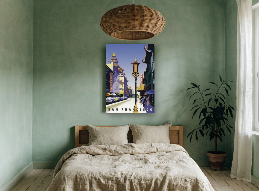 Chinatown Lamp, San Francisco vintage canvas print on the wall of a bedroom