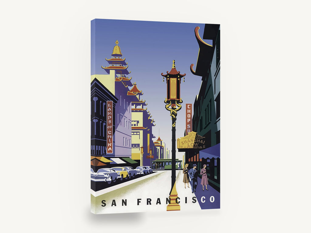 Chinatown Lamp, San Francisco, retro san francisco chinatown travel poster, stretched canvas wall art print ready to hang
