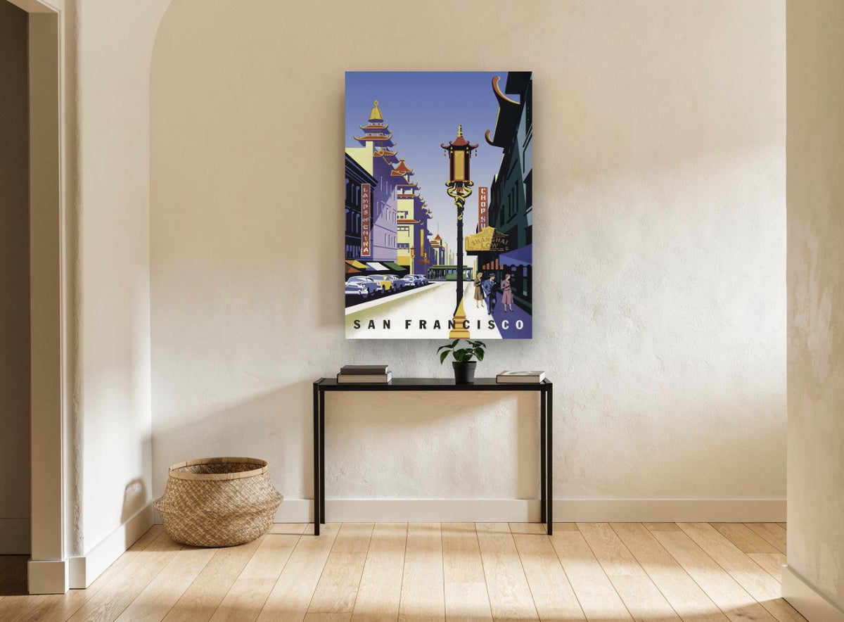 Chinatown Lamp, San Francisco vintage canvas print on the wall of a hallway