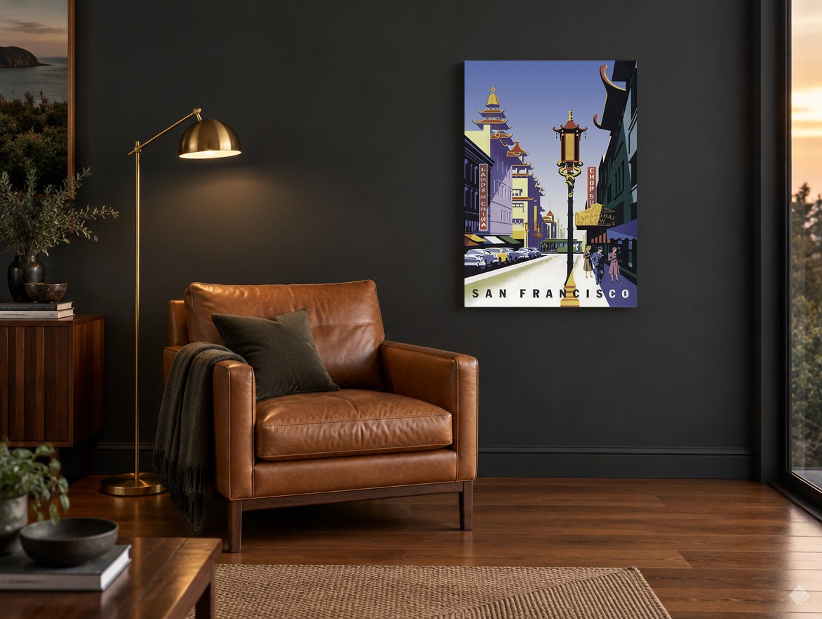 Chinatown Lamp, San Francisco vintage canvas print on the wall of a charcoal living room