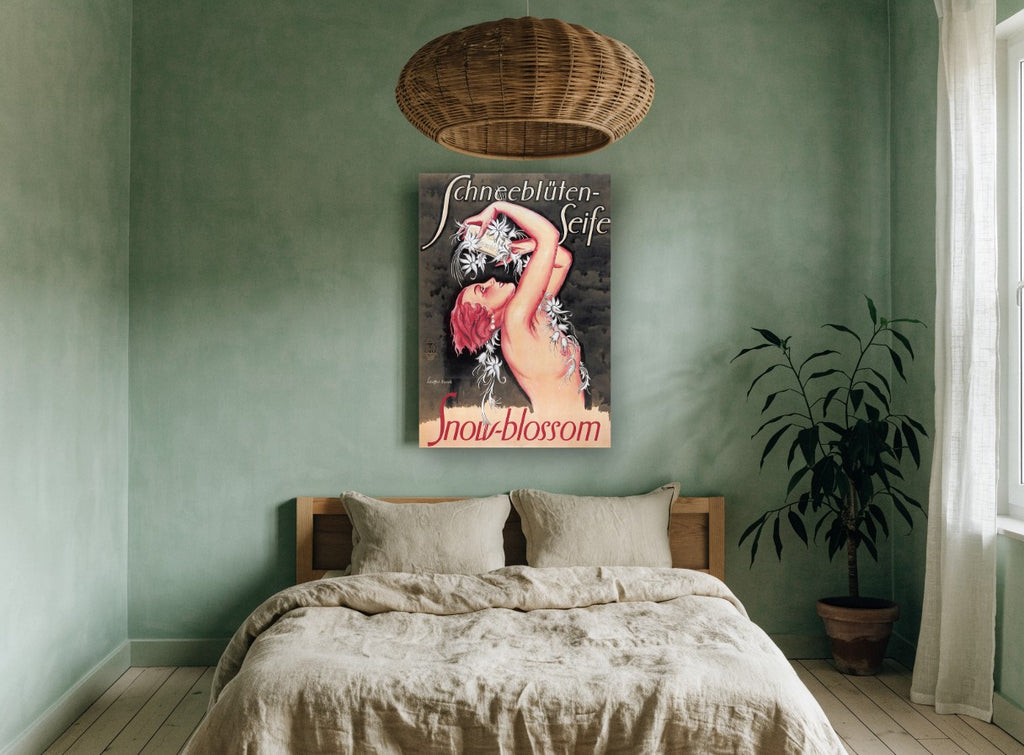 Snow Blossom Soap vintage canvas print on the wall of a bedroom