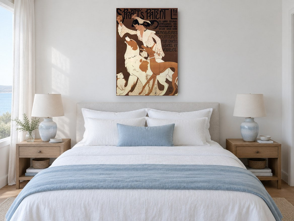Biscuits for the Dogs vintage canvas print on the wall of a coastal bedroom