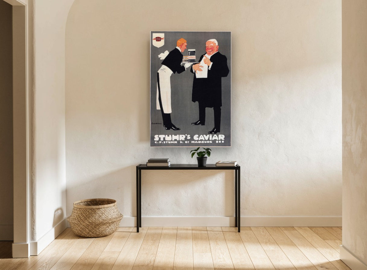 Caviar Waiter and Diner kitchen canvas print on the wall of a hallway