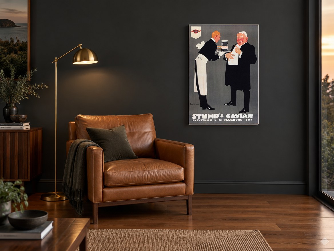 Caviar Waiter and Diner kitchen canvas print on the wall of a charcoal living room
