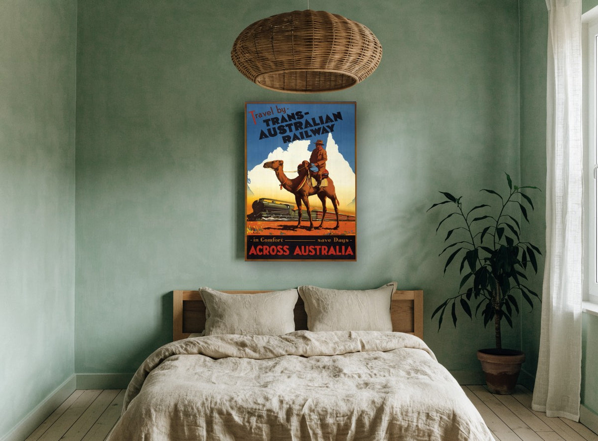 Camel Beside the Railway vintage canvas print on the wall of a bedroom
