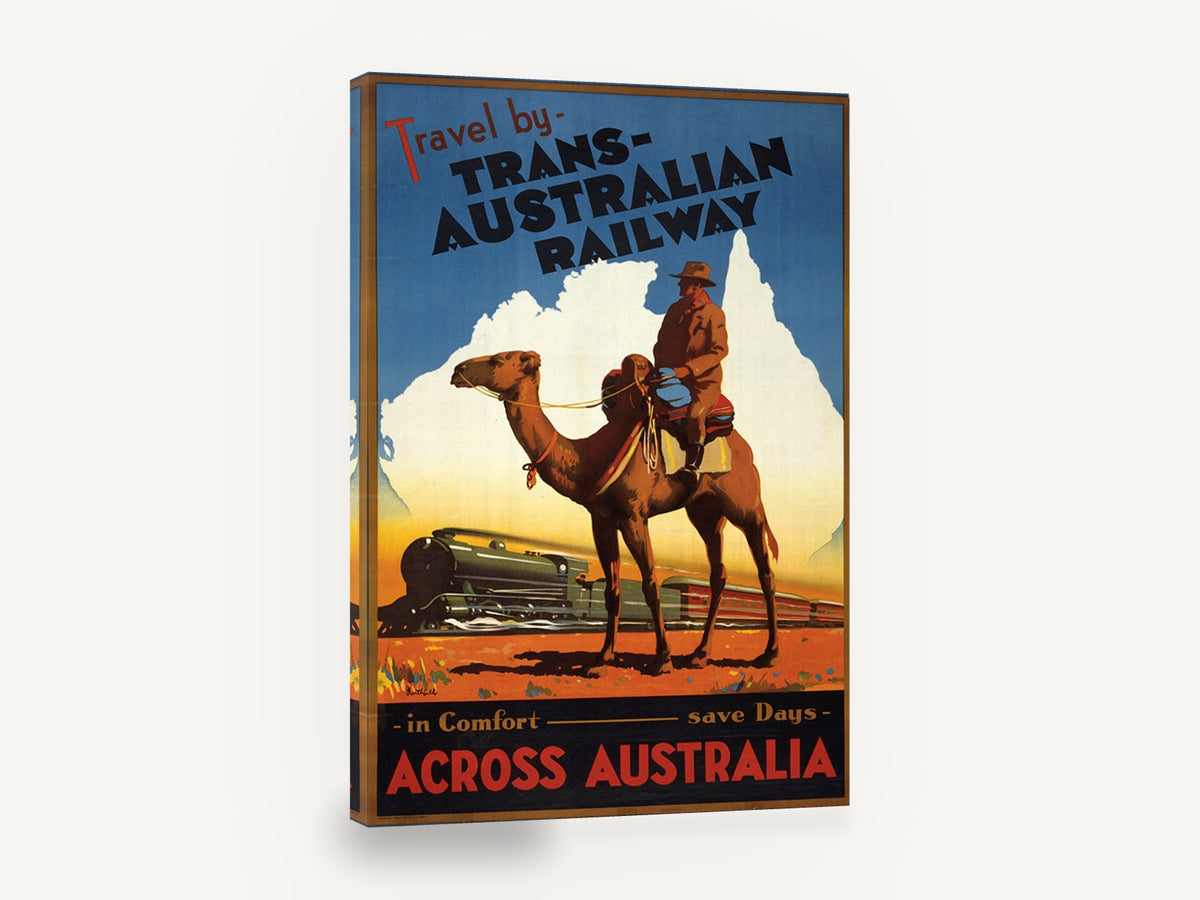 Camel Beside the Railway, vintage trans-australian railway travel poster, stretched canvas wall art print ready to hang