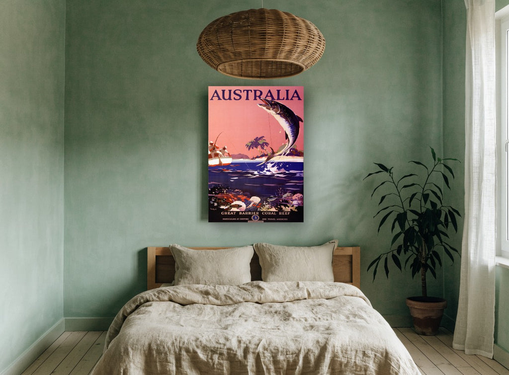 Leaping Barrier Reef Fish vintage canvas print on the wall of a bedroom