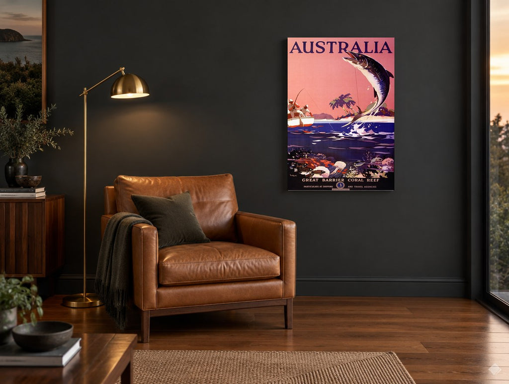 Leaping Barrier Reef Fish vintage canvas print on the wall of a charcoal living room