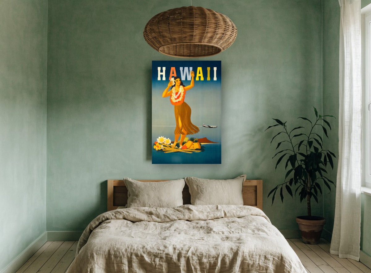 Hula Dancer Hawaii vintage canvas print on the wall of a bedroom