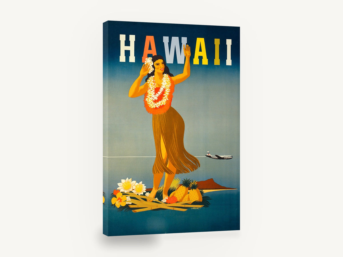 Hula Dancer Hawaii, vintage hawaii hula dancer travel poster, stretched canvas wall art print ready to hang