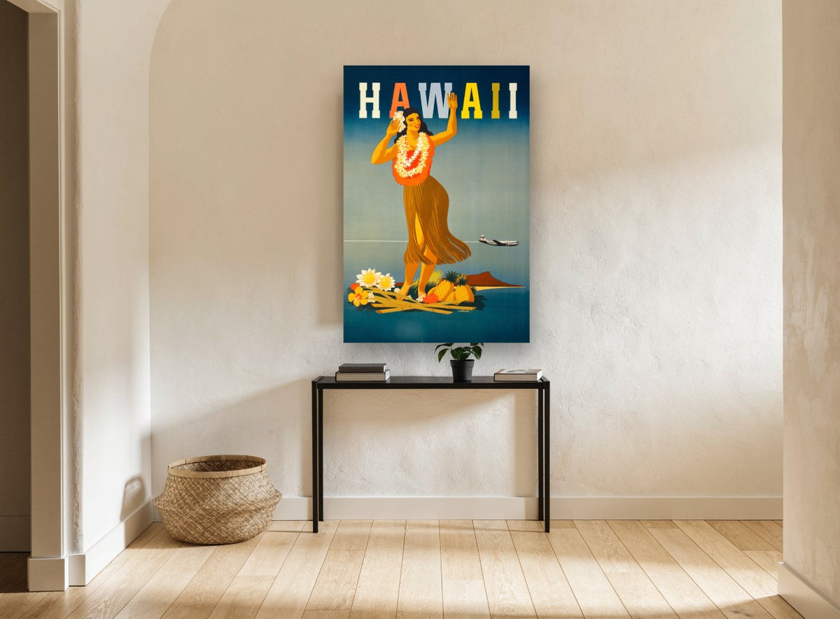 Hula Dancer Hawaii vintage canvas print on the wall of a hallway