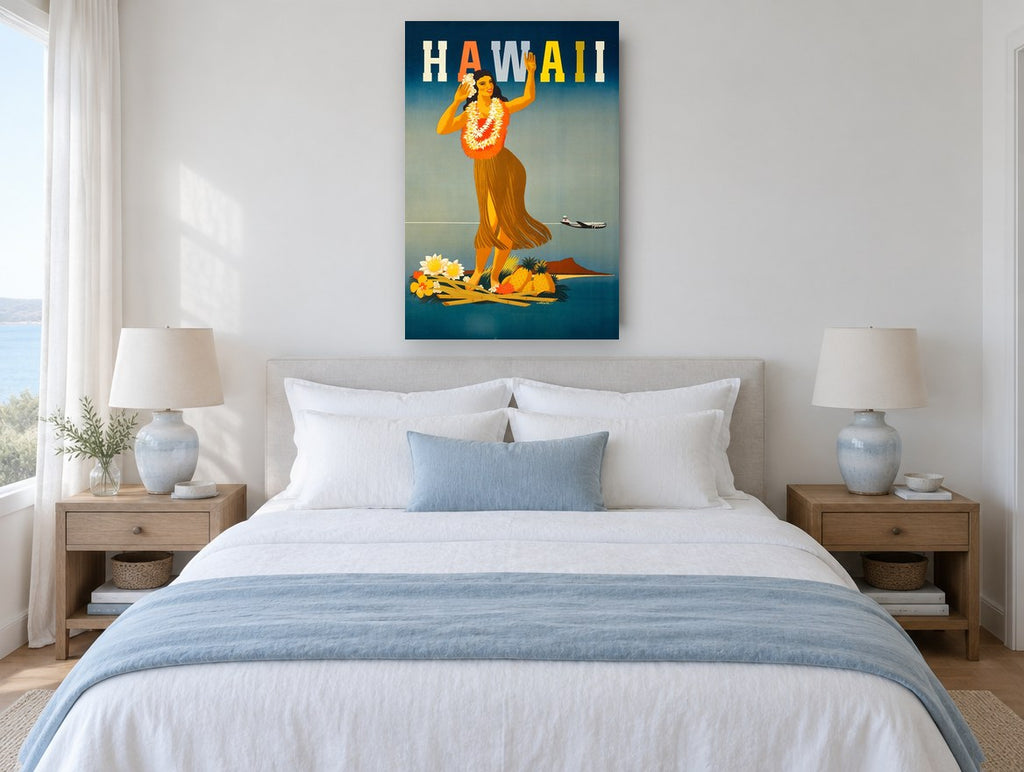 Hula Dancer Hawaii vintage canvas print on the wall of a coastal bedroom