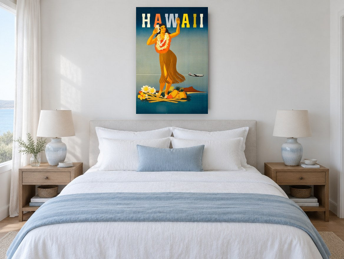 Hula Dancer Hawaii vintage canvas print on the wall of a coastal bedroom