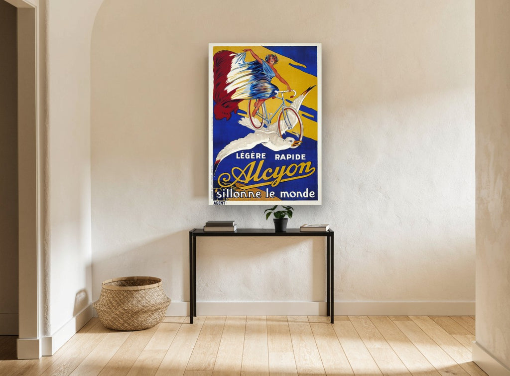 Alcyon Seagull Cyclist vintage canvas print on the wall of a hallway