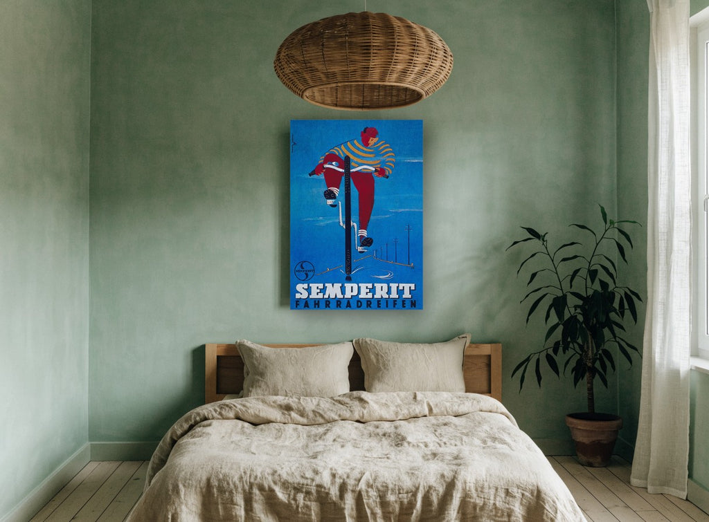 Semperit Wet Road Rider vintage canvas print on the wall of a bedroom