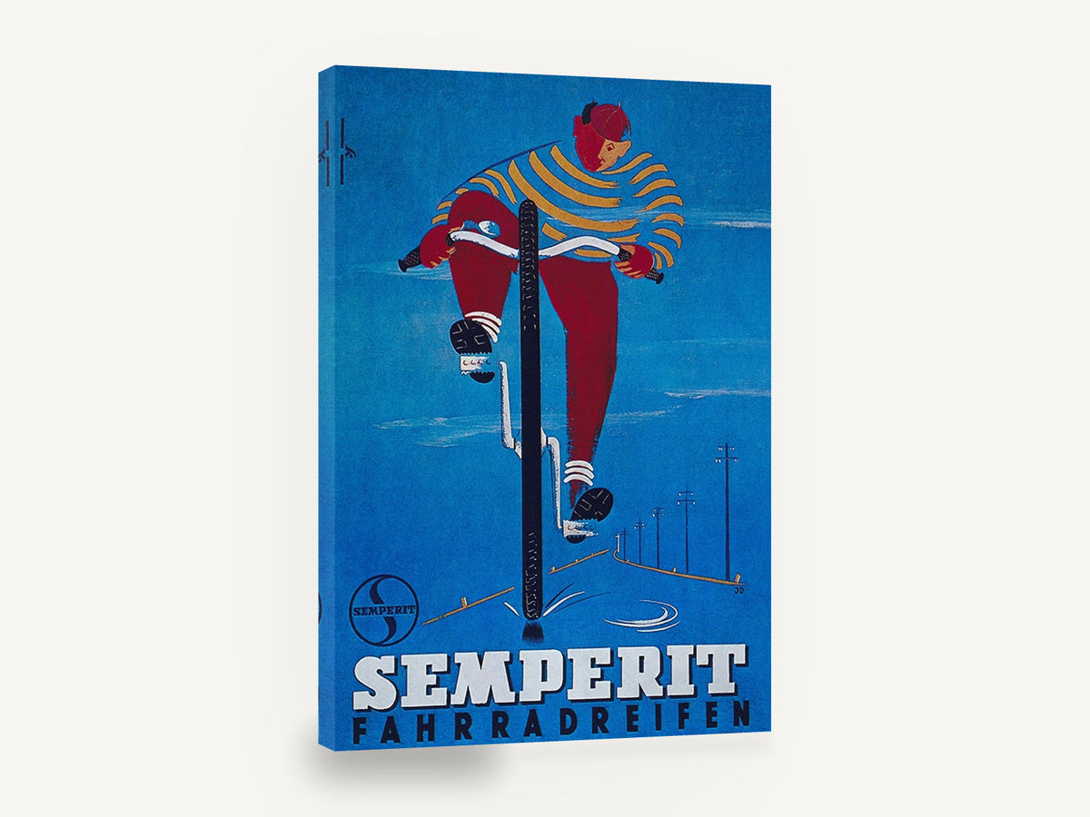 Semperit Wet Road Rider, vintage semperit bicycle tyre advertising poster, stretched canvas wall art print ready to hang