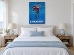 Semperit Wet Road Rider vintage canvas print on the wall of a coastal bedroom