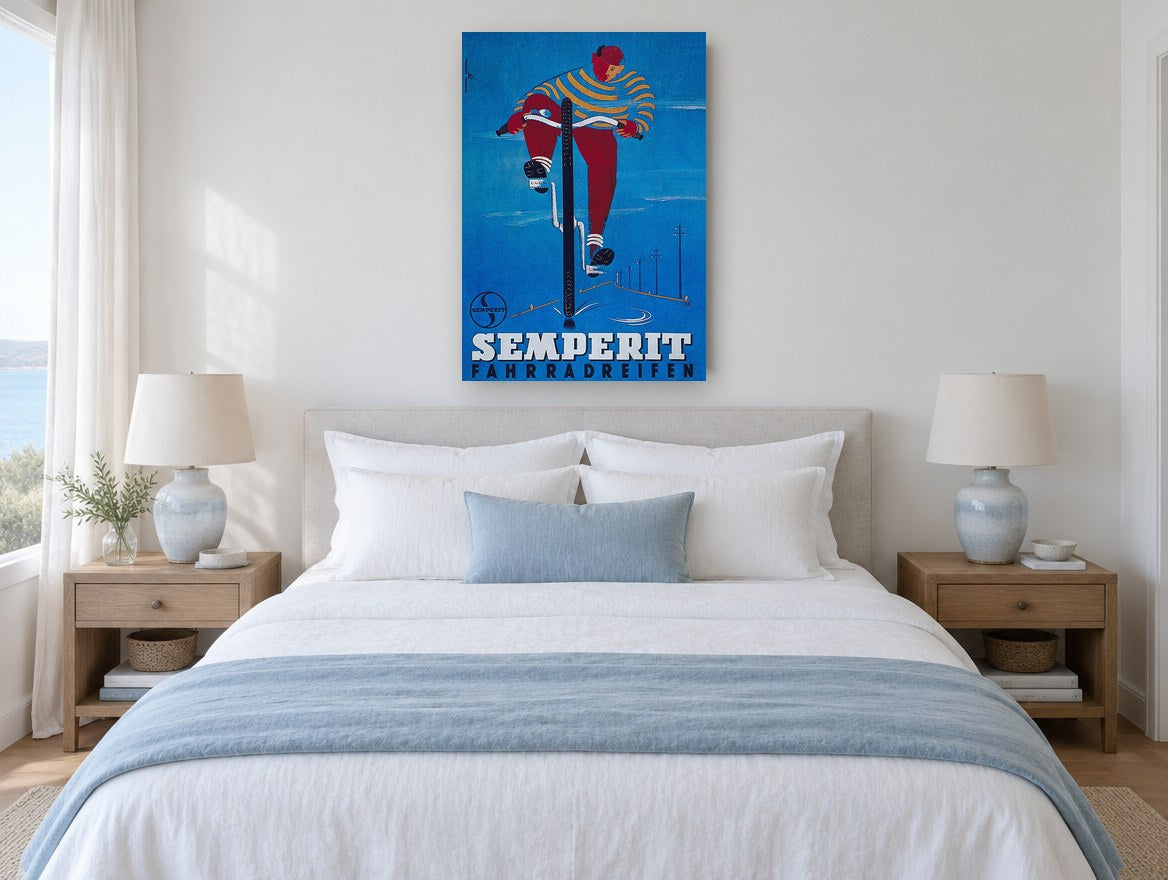 Semperit Wet Road Rider vintage canvas print on the wall of a coastal bedroom