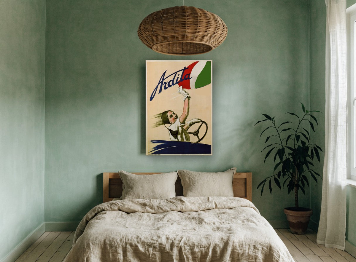 Ardita Waving Driver vintage canvas print on the wall of a bedroom