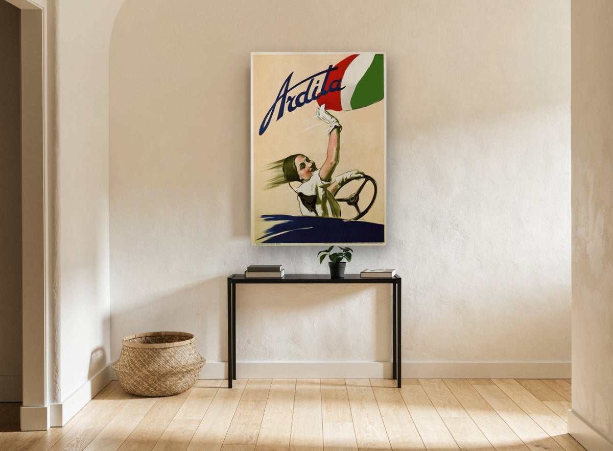 Ardita Waving Driver vintage canvas print on the wall of a hallway