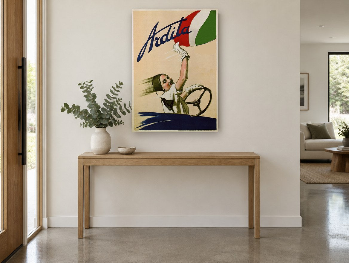 Ardita Waving Driver vintage canvas print on the wall of a entry hall