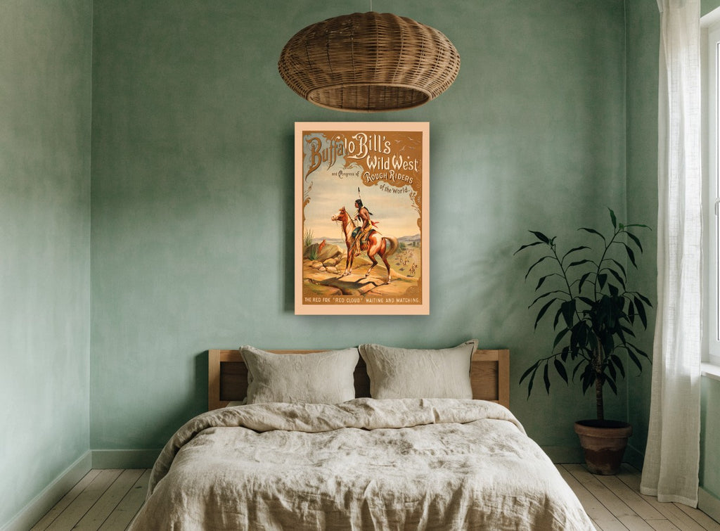 Red Cloud Watching vintage canvas print on the wall of a bedroom