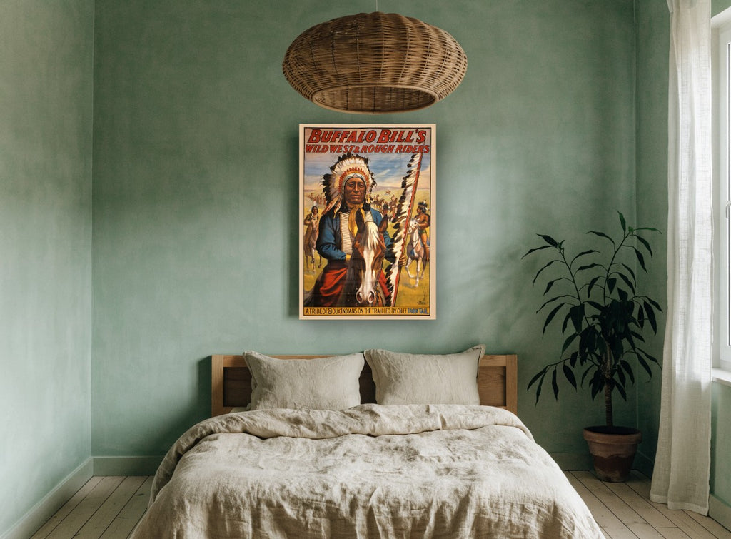 Chief Iron Tail Rides vintage canvas print on the wall of a bedroom