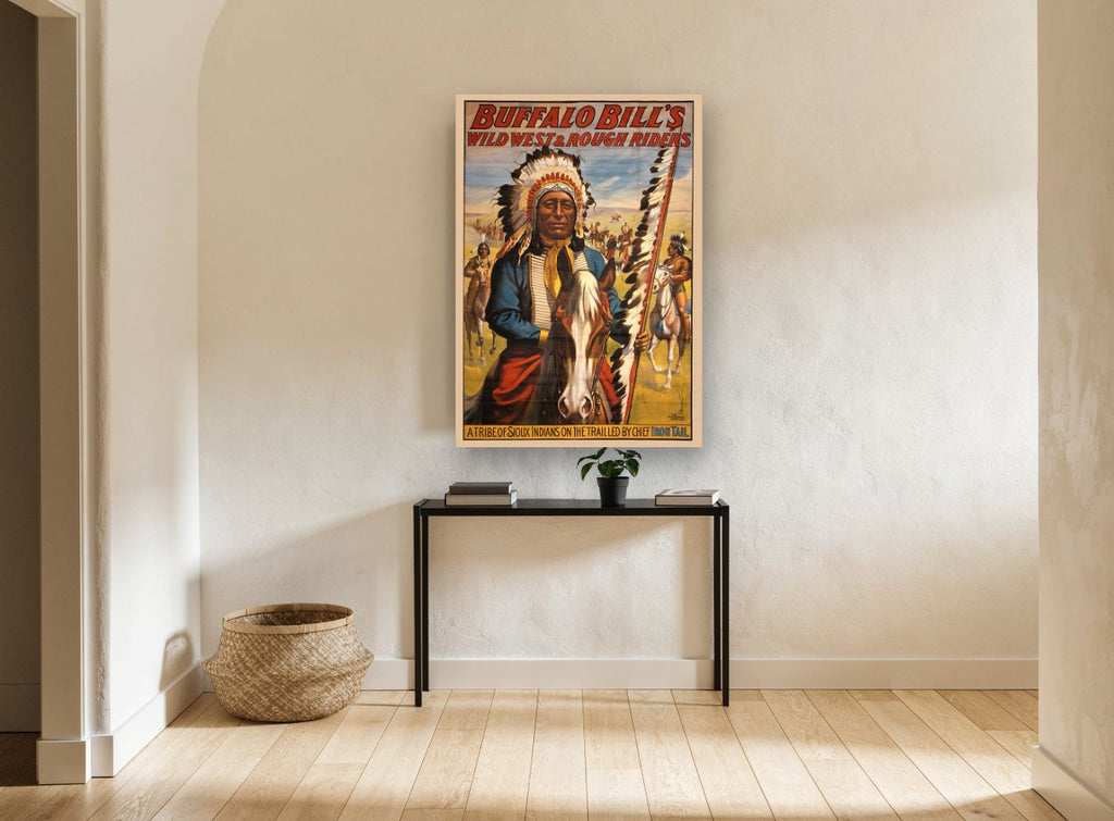Chief Iron Tail Rides vintage canvas print on the wall of a hallway
