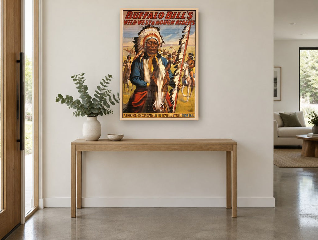 Chief Iron Tail Rides vintage canvas print on the wall of a entry hall