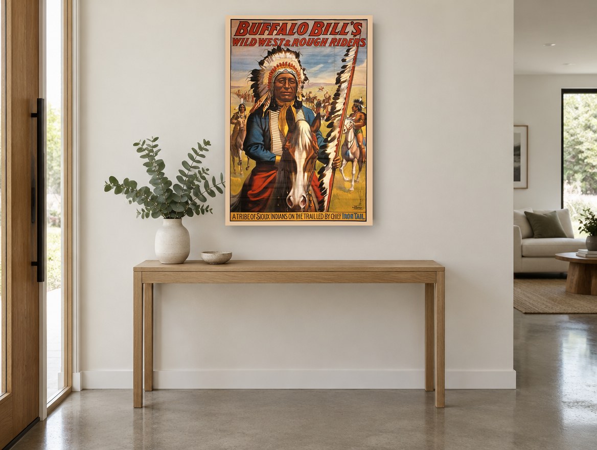 Chief Iron Tail Rides vintage canvas print on the wall of a entry hall