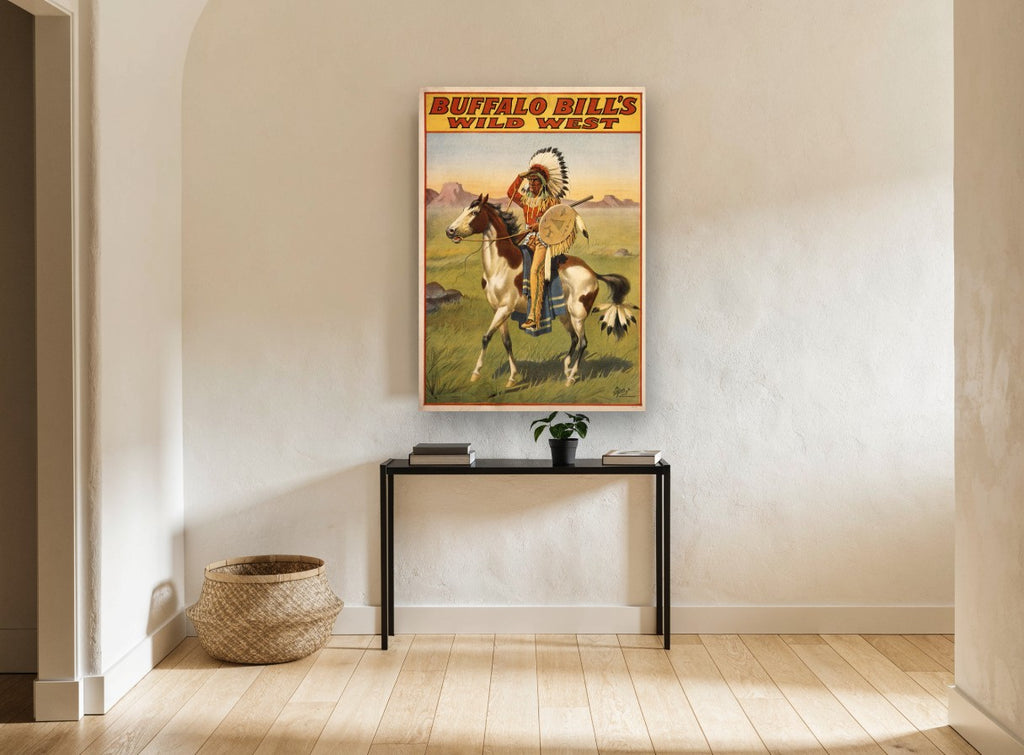 Wild West Horseback Rider vintage canvas print on the wall of a hallway